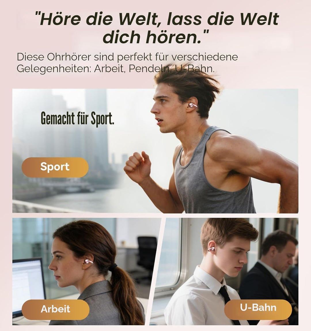 King Lucky Open-Ear-Kopfhörer Kabellos Bluetooth 6.0–Clip-On-Ohrhörer mit Mikrofon,50h Spielzeit,ENC