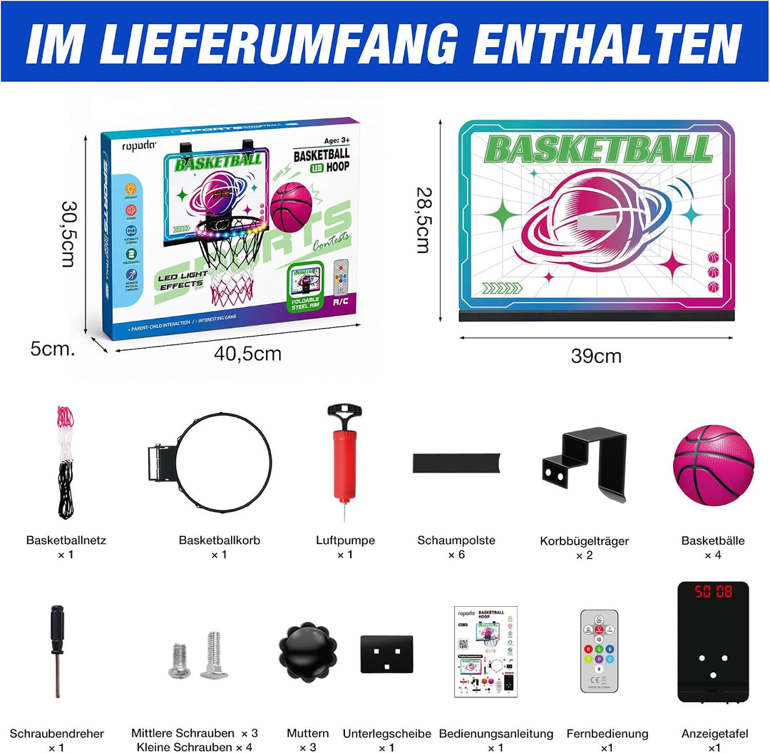 ROPODA Basketballkorb Indoor für Kinder, Mini Basketballkorb mit LED-Licht, Fernbedienung &amp; Anzeiget