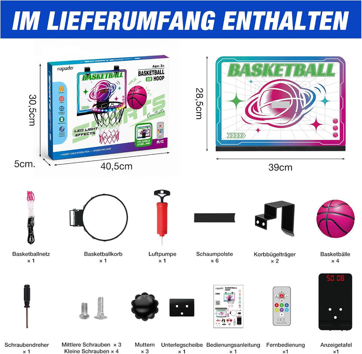 ROPODA Basketballkorb Indoor für Kinder, Mini Basketballkorb mit LED-Licht, Fernbedienung &amp; Anzeiget