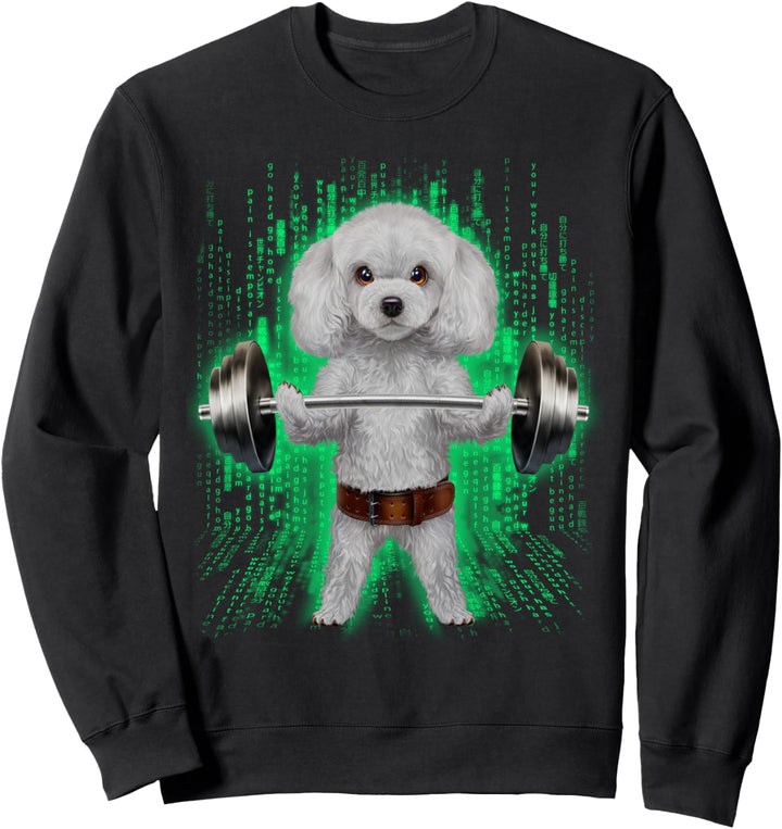 Pudelhund, der Gewichte im Cyber-Fitnessstudio hebt Sweatshirt