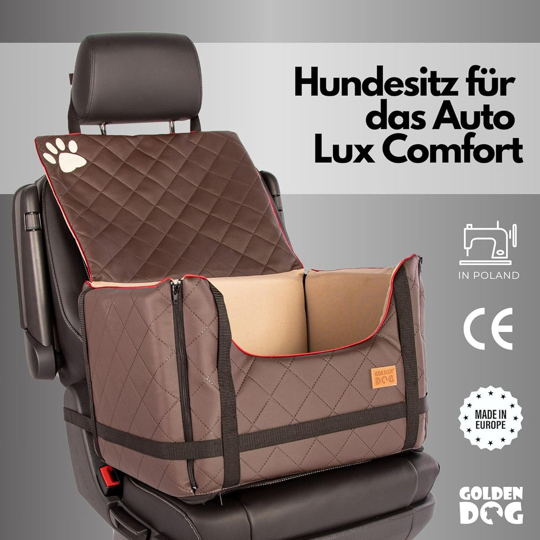 Golden Dog - Transportbox Hund mit Sicherheitsgurt L-65x53x27 cm - Leder Imitation Autositz Hund, Wa