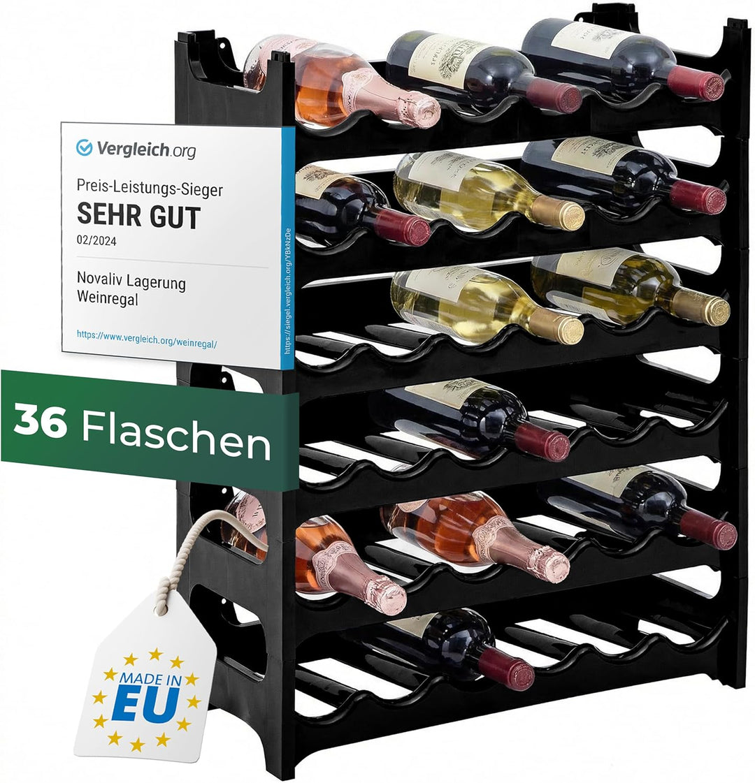 Novaliv Weinregal für 36 Flaschen | Flaschenregal schwarz | Regal stabilem Kunststoff (Schwarz, 6) 6