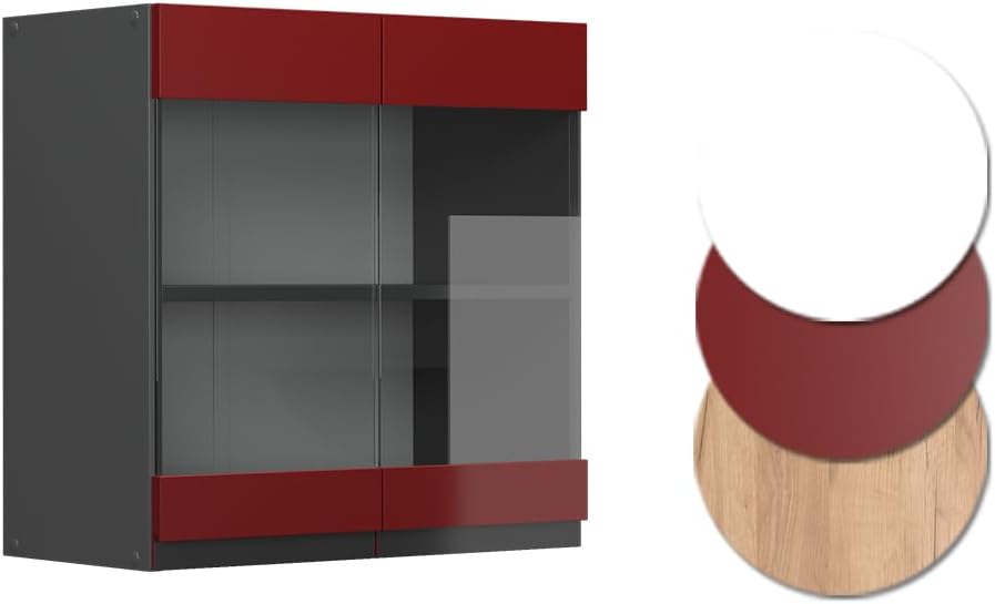 Vicco Küchenschrank Glas R-Line, Rot/Anthrazit, 60 cm J-Shape Rot Hängeglasschrank 60 cm, Rot Hängeg