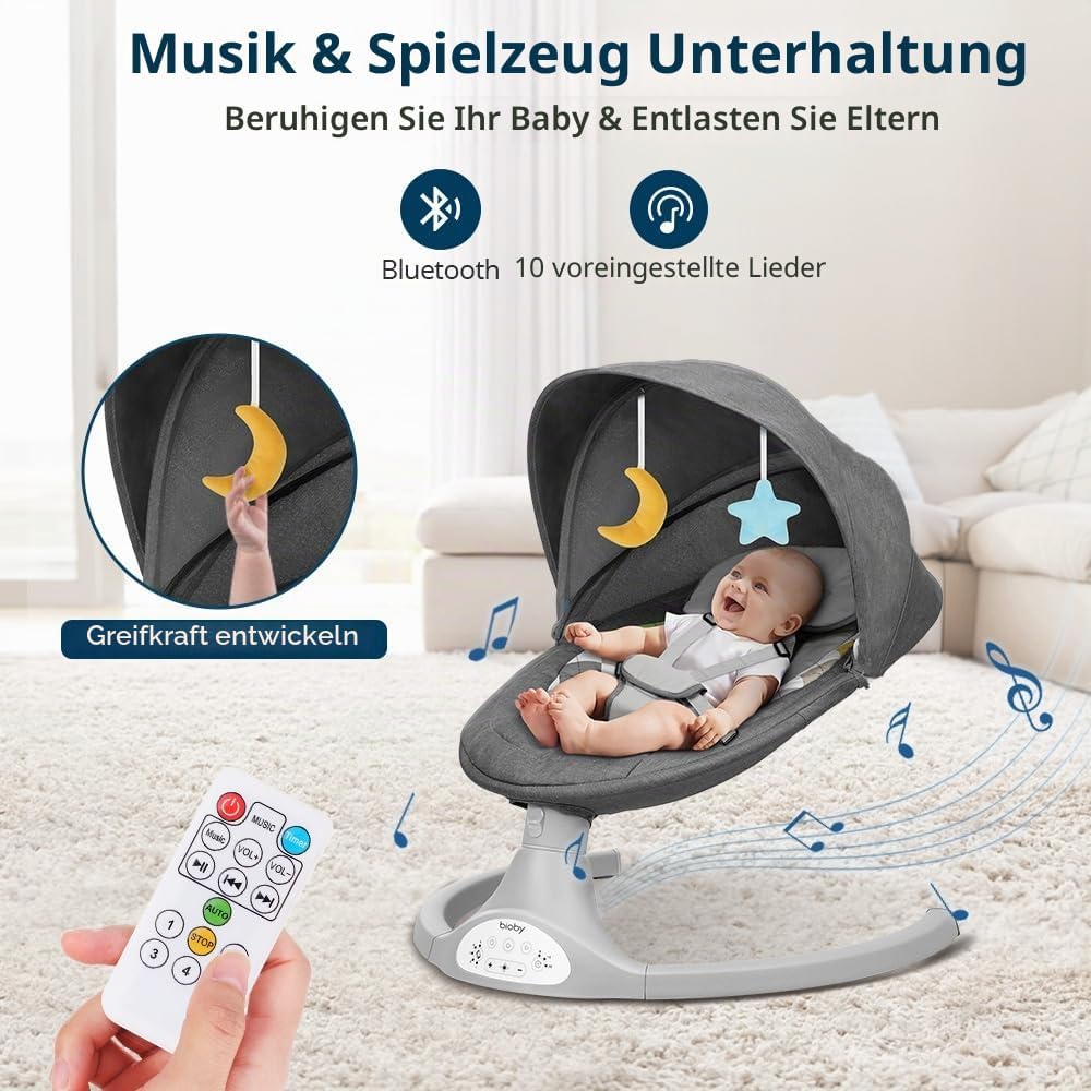 Bioby Elektrische Babywippe | Babyschaukel mit 5-Punkt-Gurt &amp; 5 Schaukelmodi, Leicht &amp; Sicher Wippe