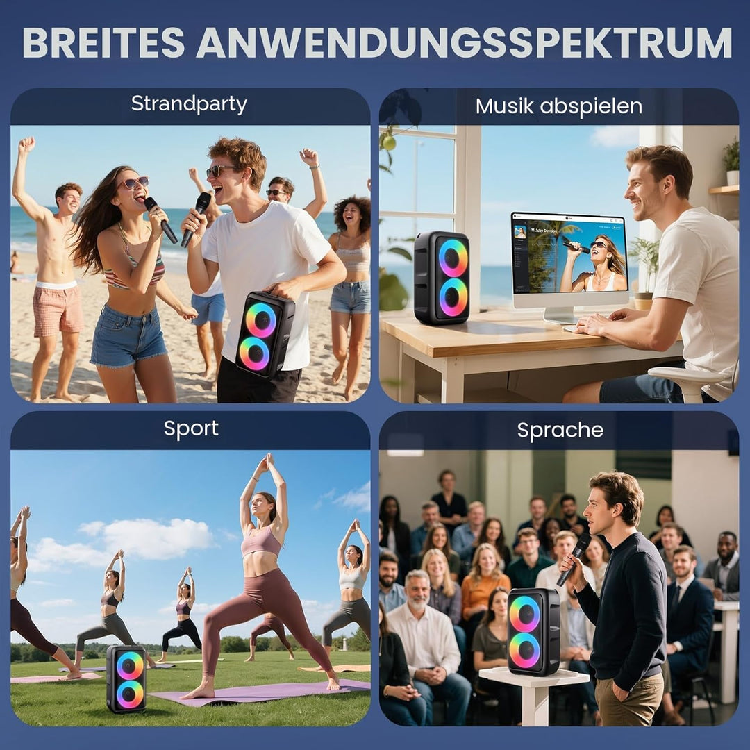 Karaoke Maschine mit 2 kabellosen Mikrofonen – 2x10W Tragbarer Bluetooth Lautsprecher, unterstützt T