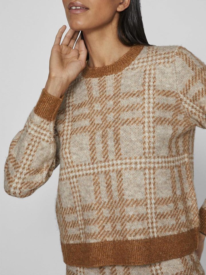 Vila Damen Vicilia L/S Check Knit Top/Su Strickpullover M Caramel Café/Checks:natural Melange/Birch,
