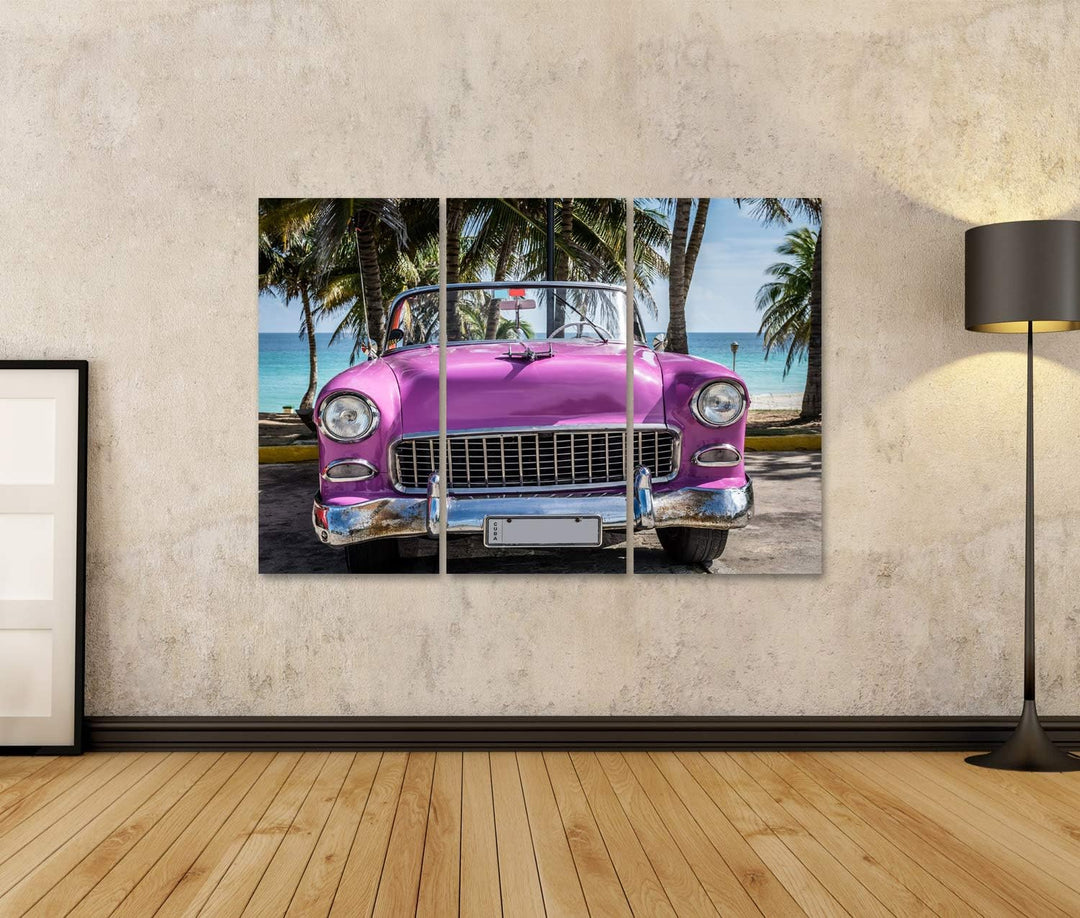 islandburner Bild auf Leinwand Kuba Rosa Amerikanisches Klassisches Auto Geparkt Unter Palmen In Der