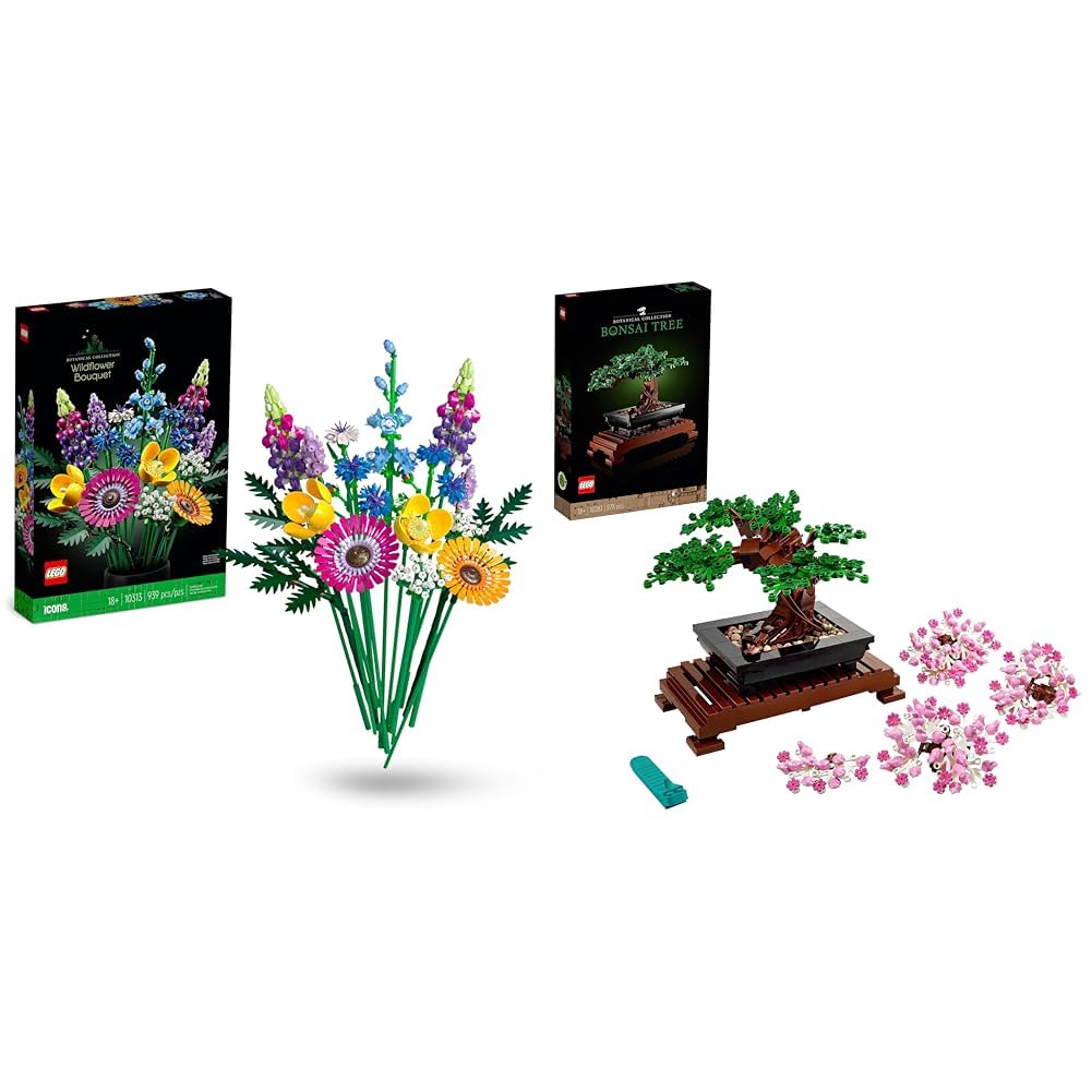 LEGO 10313 Icons Wildblumenstrauss-Set & 10281 Icons Bonsai Baum, Kunstpflanzen-Set zum Basteln für