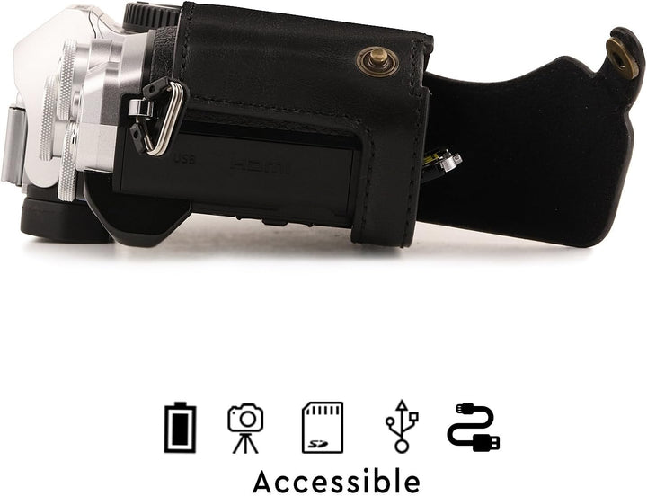 MegaGear Ever Ready Leder Kamera Halbtasche mit Trageriemen kompatibel mit Olympus OM-D E-M10 Mark I