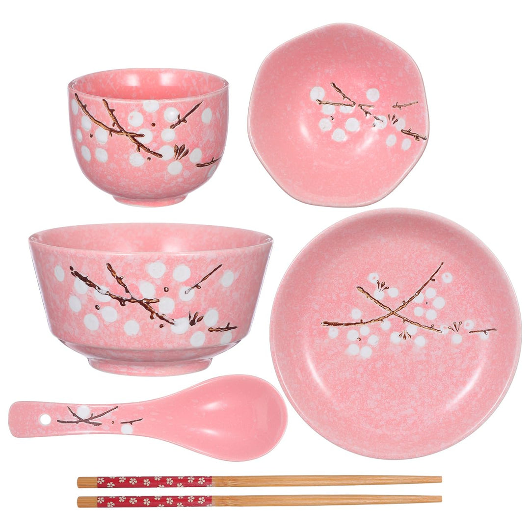 HEMOTON 6Pcs Japanisches Geschirrset Keramikplatten Schalen Löffel Essstäbchen Tassen Chinesisches K