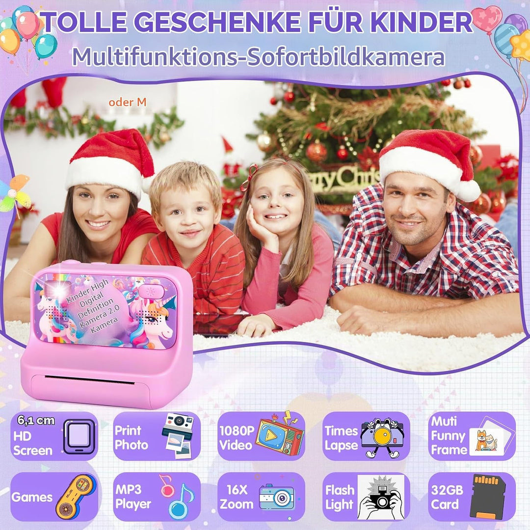 Sofortbildkamera Kinder, 1080P HD Sofortdruck von Fotos, 2,4 Zoll Bildschirm Kinderkamera Sofortbild