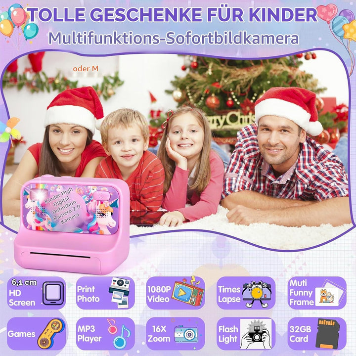 Sofortbildkamera Kinder, 1080P HD Sofortdruck von Fotos, 2,4 Zoll Bildschirm Kinderkamera Sofortbild