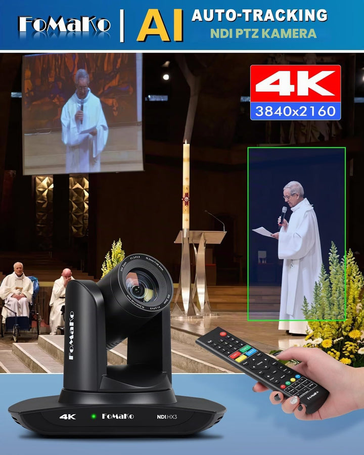 FoMaKo 4K 30x NDI PTZ Kamera, 30x Optischer Zoom, KI Auto-Tracking Gen 3, 3G-SDI HDMI LAN USB 3.0 PT