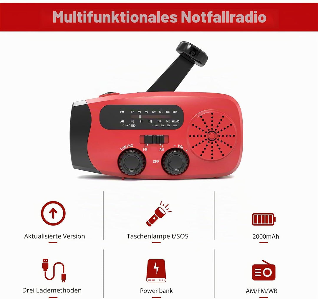 Notfall-Solarradio, Selbstbetriebenes Kurbelradio mit LED Taschenlampe, SOS-Alarm, AM/FM/WB, 2000mAh