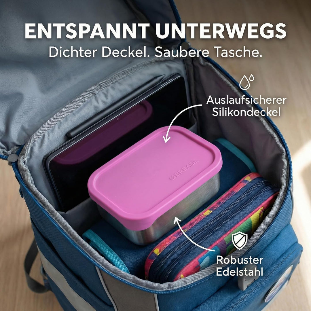 Edelstahl Brotdose, Feste Trennwand und 3 Fächer, Silikondeckel, Auslaufsicher, Spülmaschinengeeigne