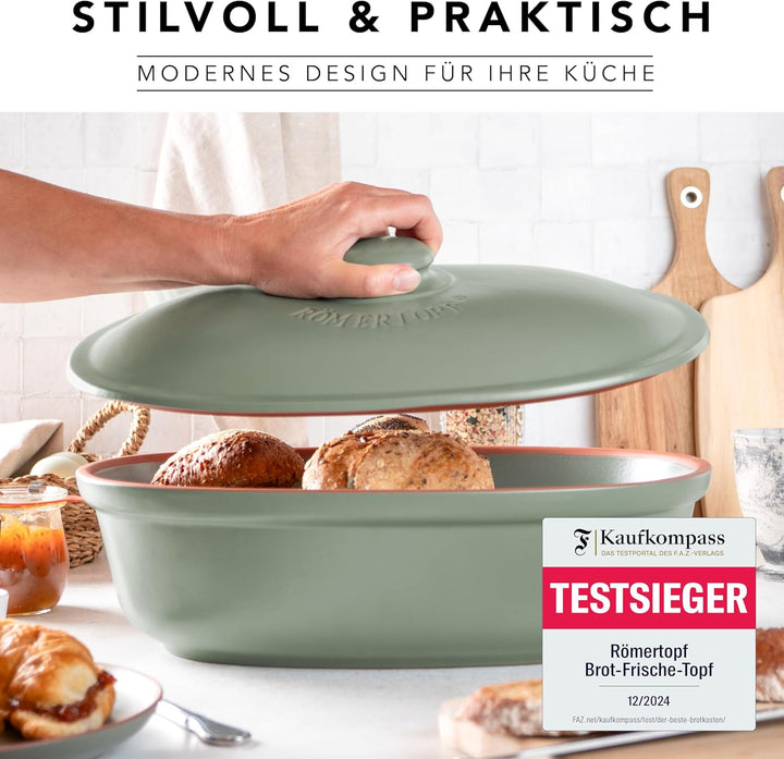 Römertopf Brottopf oval MAXI 6,5 Liter - Brotkasten Grün aus Keramik - Atmungsaktiver Tontopf für la