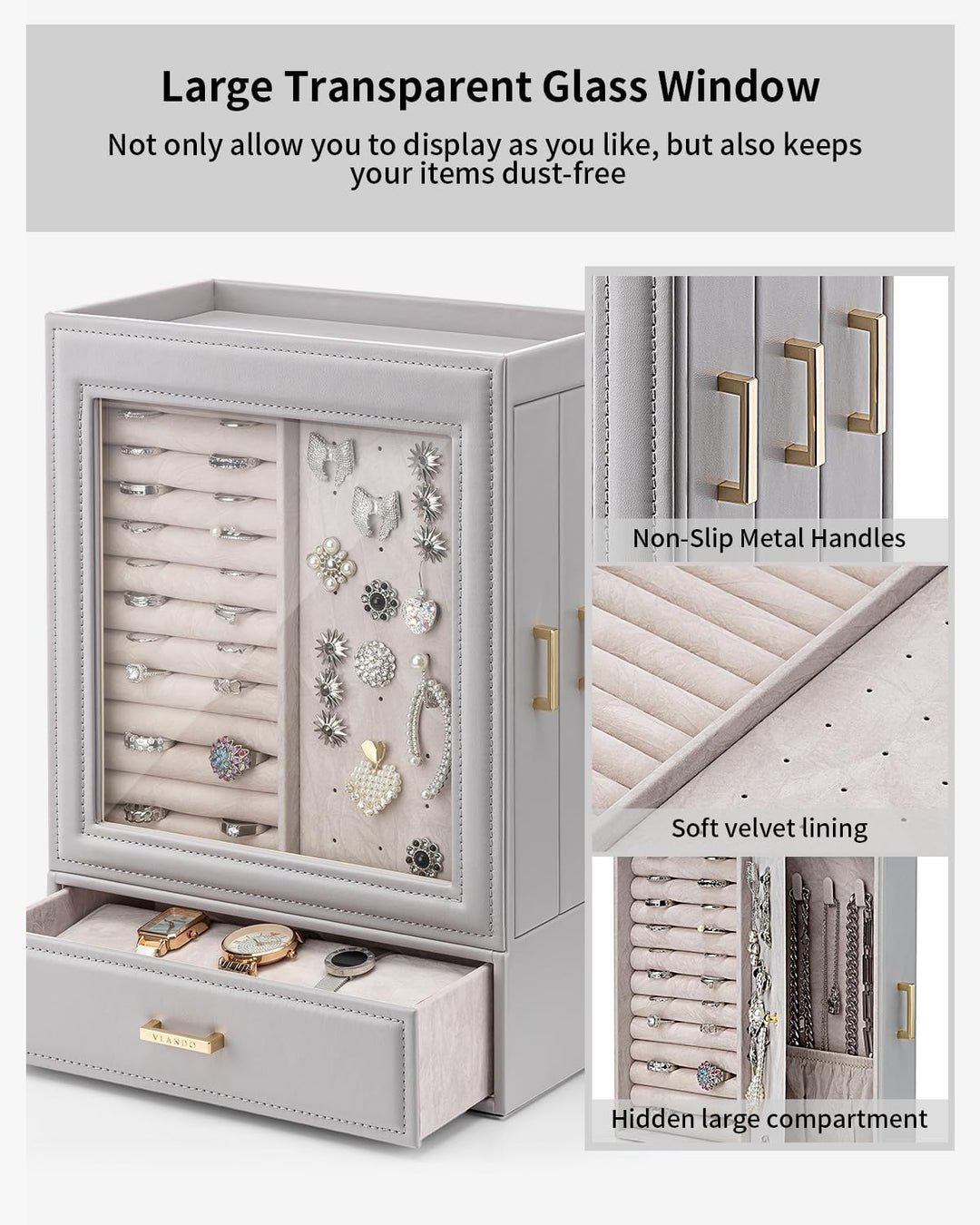Vlando Schmuckaufbewahrung Schmuckschrank 5 Ebenen, Schmuckkasten mit Glasdeckel, Schmuckkästchen Gr