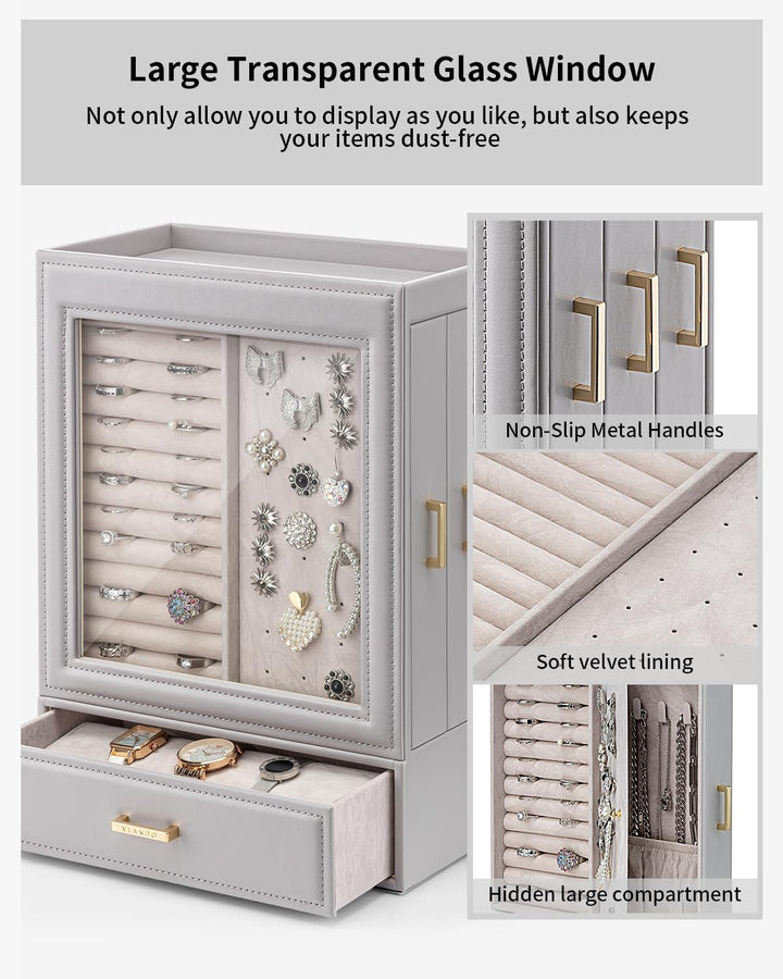 Vlando Schmuckaufbewahrung Schmuckschrank 5 Ebenen, Schmuckkasten mit Glasdeckel, Schmuckkästchen Gr