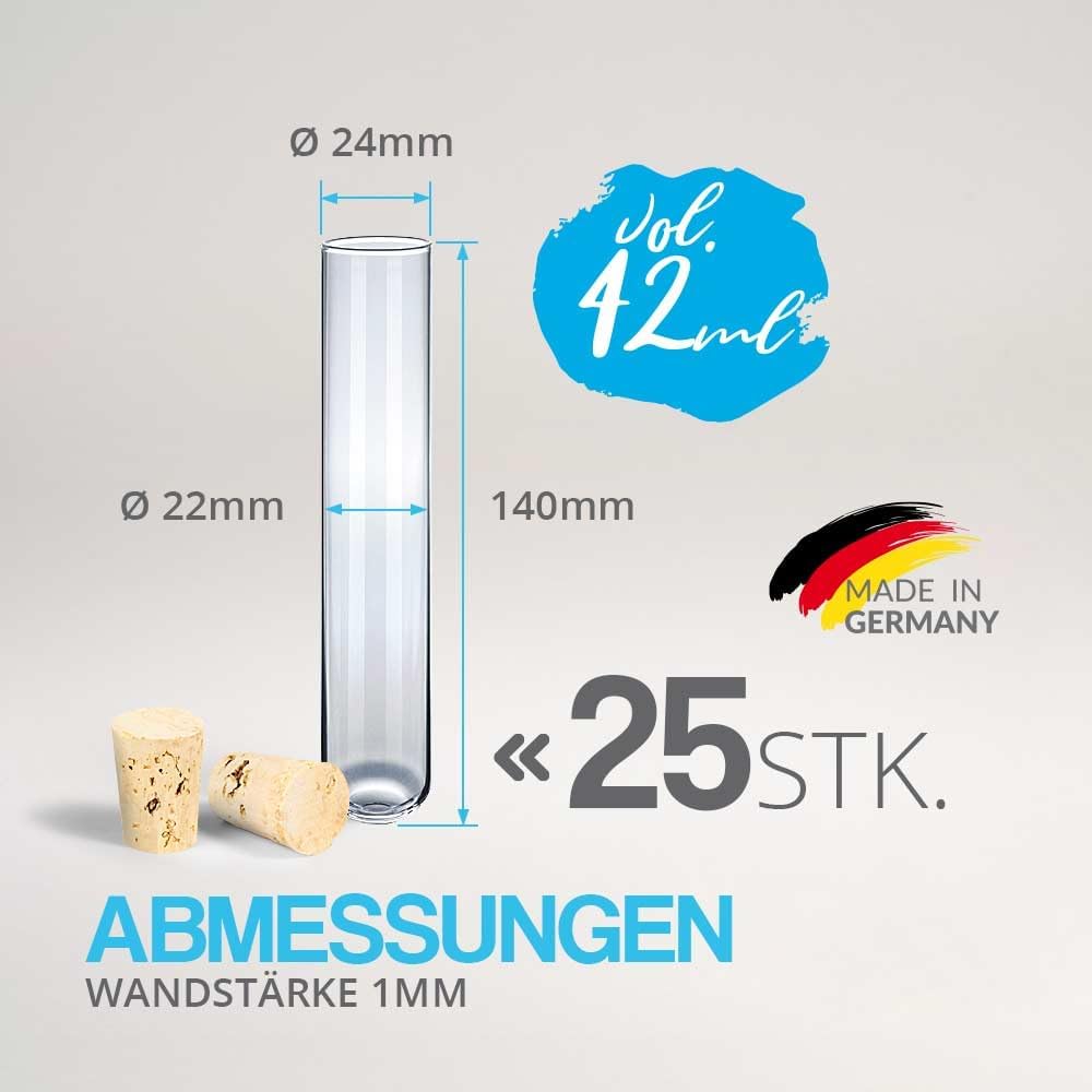 Tuuters Glas Reagenzglas mit Korken 25 Stück (140 x ø 24 mm) Gewürzgläser | Reagenzgläser für Blumen