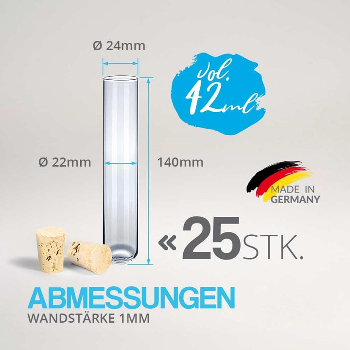 Tuuters Glas Reagenzglas mit Korken 25 Stück (140 x ø 24 mm) Gewürzgläser | Reagenzgläser für Blumen