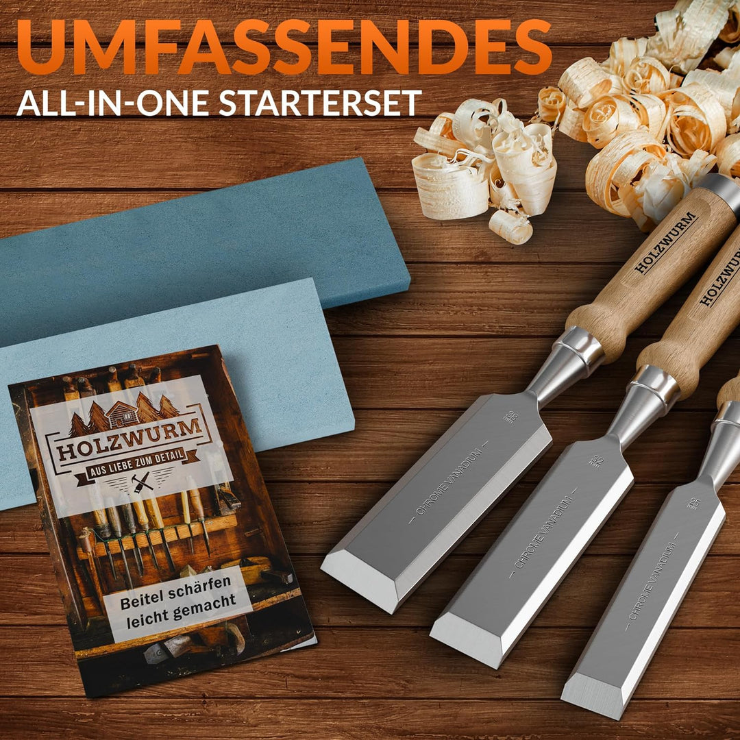 HOLZWURM Profi Stechbeitel-Satz für Holz, Stemmeisen-Set mit Schleifstein, 6 Meissel, Anleitung zum