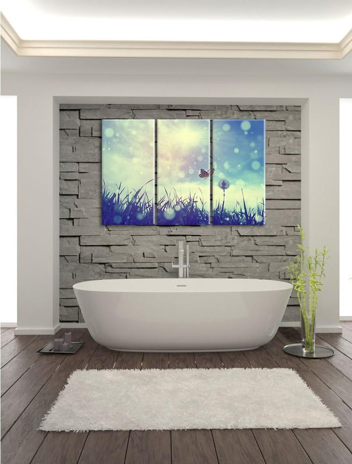 Pixxprint Schmetterling fliegt zu Pusteblume / 3-Teilig/Gesamtmass 120cm Leinwandbild bespannt auf H