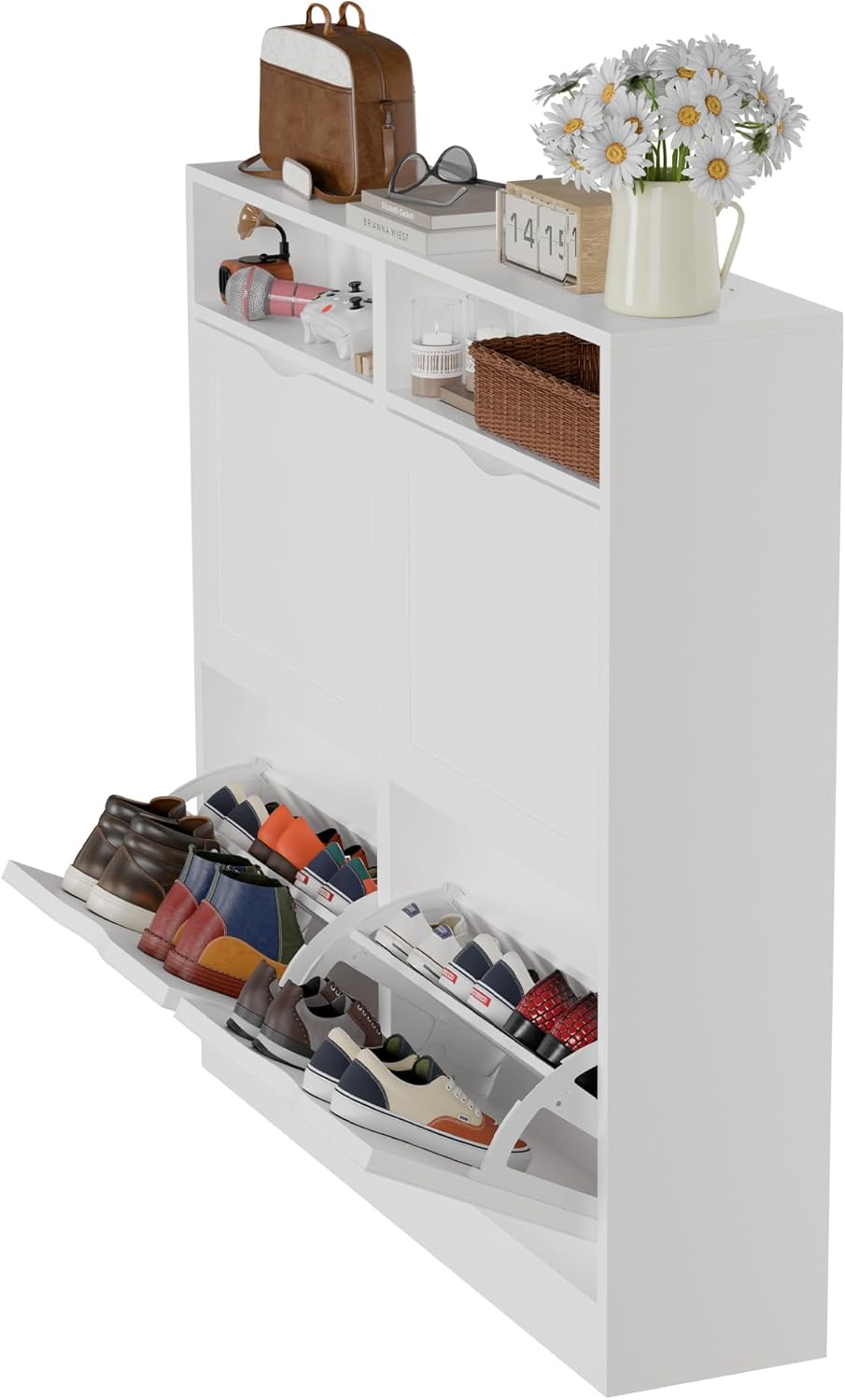 ELUCHANG Schuhschrank schmal mit 4 Klappen / 8 Ablagen, Platzsparender Schuhkipper Schuhkommode, Ges