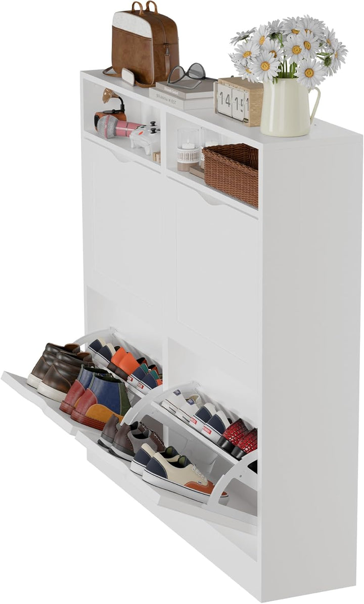 ELUCHANG Schuhschrank schmal mit 4 Klappen / 8 Ablagen, Platzsparender Schuhkipper Schuhkommode, Ges