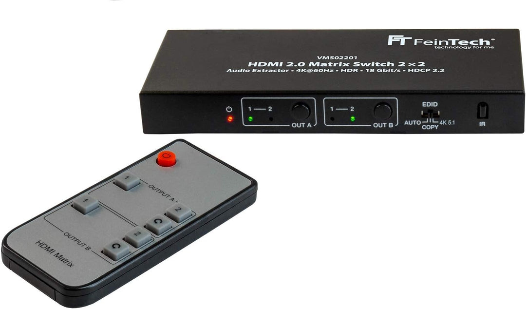 FeinTech VMS02201 HDMI 2.0 Matrix Switch 2x2 mit Audio Extractor 4K HDR SPDIF 2 IN, 2 OUT Single, 2