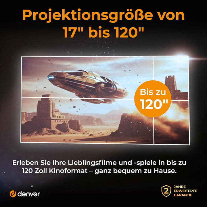 DENVER PR-1500 Mini Beamer, LED Projektor mit 120 ANSI Lumen, Unterstützt HD 720p, HDMI, USB & Bluet
