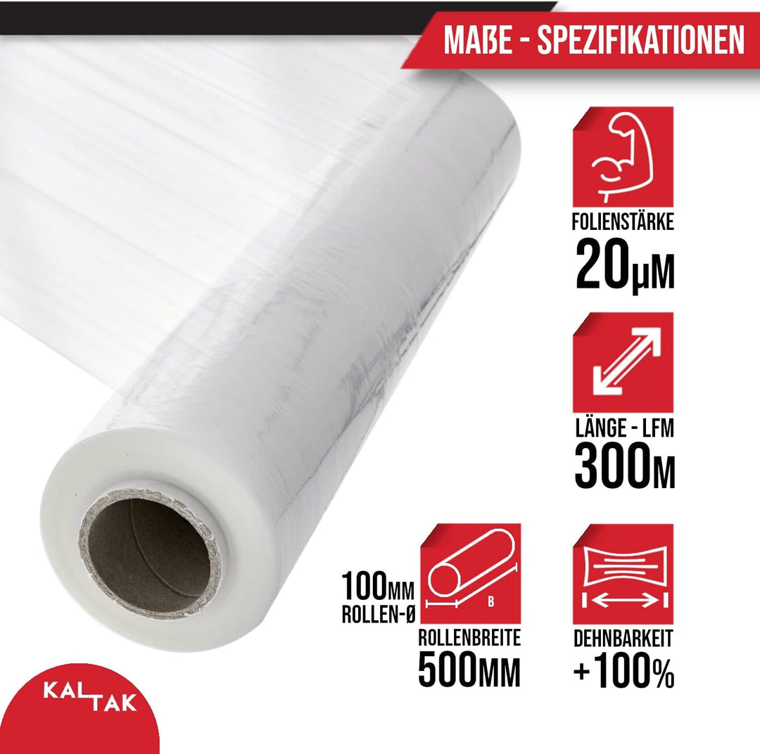 KALTAK Wickelfolie Stretchfolie Handstretchfolie transparent bis 450m [gestretcht] Rolle 300m ungede