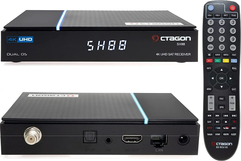 Octagon SX88 V2 (Version 2) 4K Sat Receiver + HM-SAT HDMI Kabel, Smart TV Streaming Box, 2 Betriebss