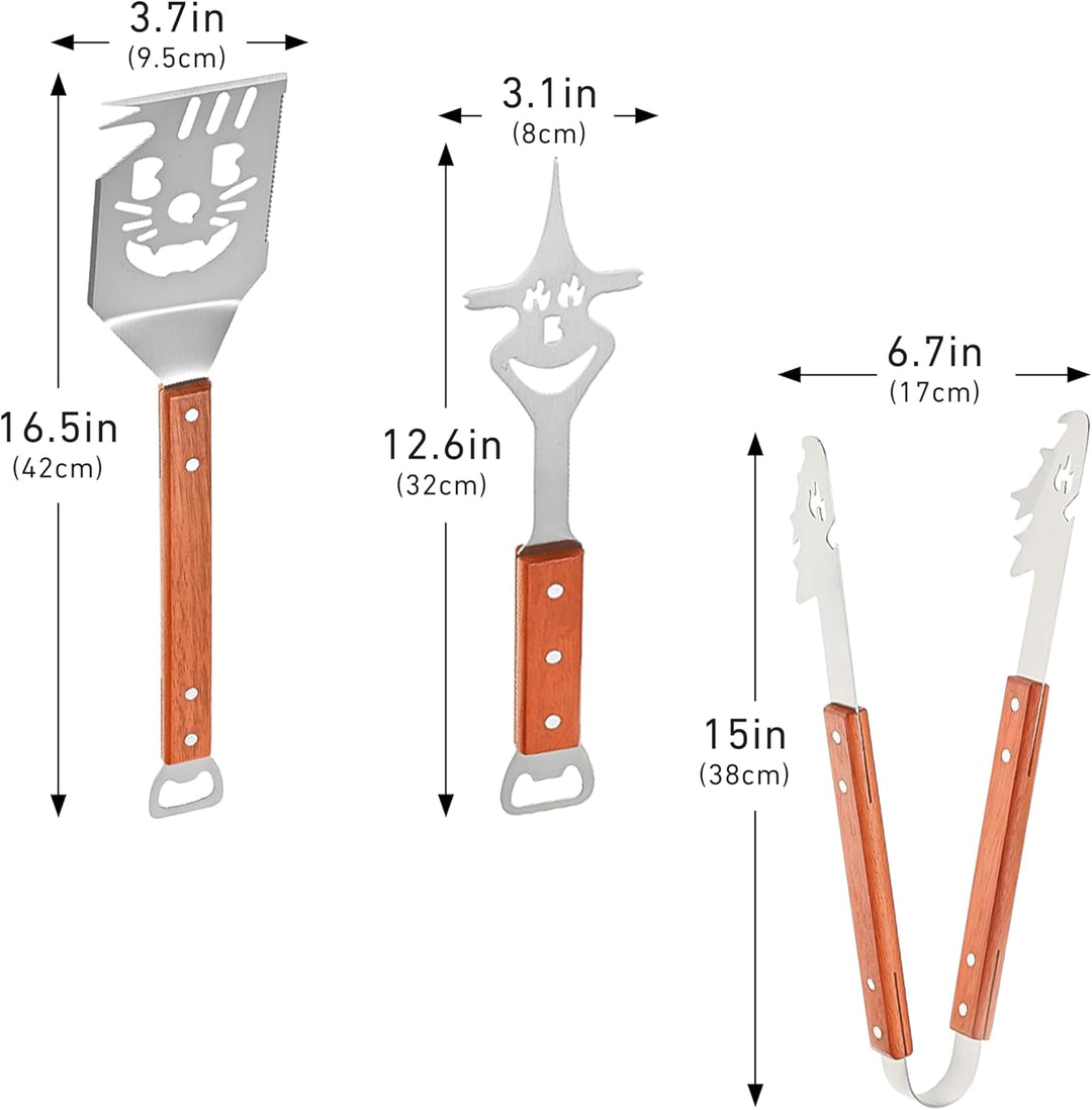 Grillbesteck Set 3-teilig aus Edelstahl mit Holzgriffen, Grillzubehör mit Grillwender, Grillzange un