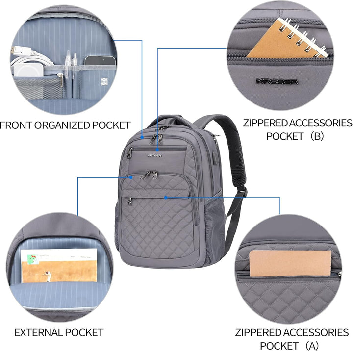 KROSER Laptop Rucksack 17-17,3'' Business Rucksack Schulrucksack 17.3" Gesteppt Grau, 17.3" Gesteppt