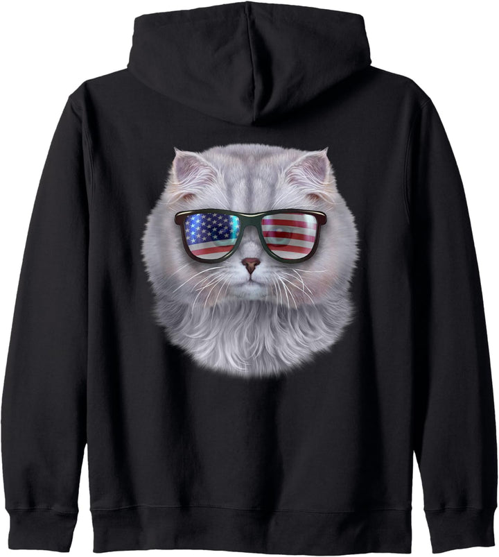 Katze, die Flagge der USA-Themensonnenbrille trägt Kapuzenjacke