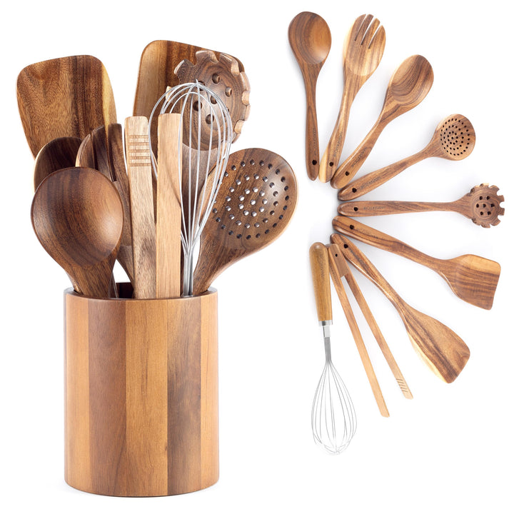 Küchenhelfer Set aus Holz - Grillzange, Schneebesen, Pfannenwender, Holzlöffel und Nudelschöpfer 9 t