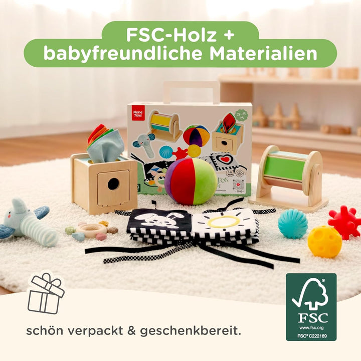 Nene Toys Montessori Baby Spielzeug 0–6 Monate – 7-in-1 Sensorik Holz Lernbox mit Schwarz-Weiss Stof