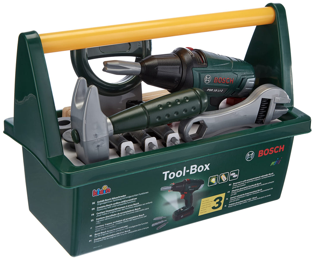 Theo Klein 8429 Bosch Werkzeug-Box | Mit Säge, Hammer, Zange und vielem mehr | Batteriebetriebener A