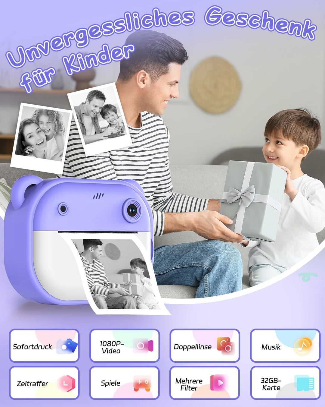 Sofortbildkamera Kinder, 1080P Dual-Linse Kinderkamera Sofortbildkamera, 2" Bildschirm Digitalkamera