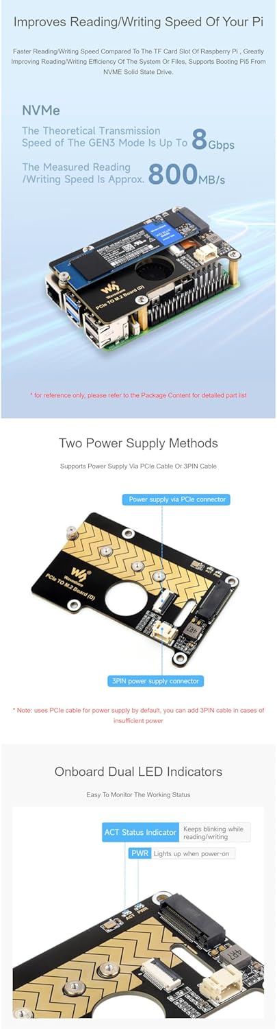 PCIe to M.2 Adapter Board (D) for Raspberry Pi 5 8Gbps Data Rate Compatible with 2280/2260 / 2242/22