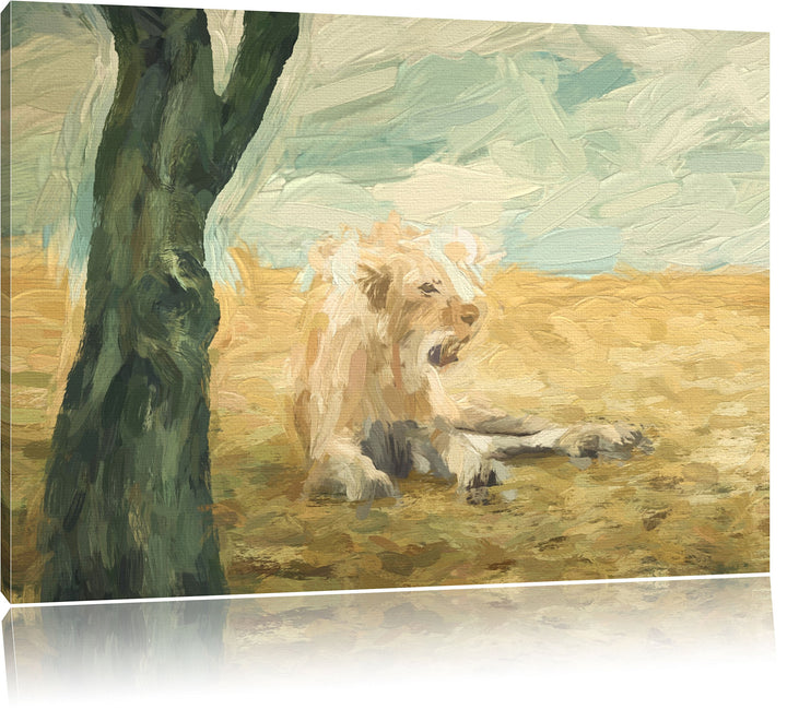 Pixxprint Löwin Ruhe Savanne Kunst als Leinwandbild/Grösse: 100x70 / Wandbild/Kunstdruck/fertig besp