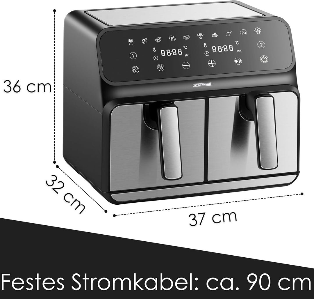 Heissluftfritteuse | 2 Kammern | Heissluftfritteuse | 4 in 1 Mini Backofen | Fritteuse | Dörrautomat