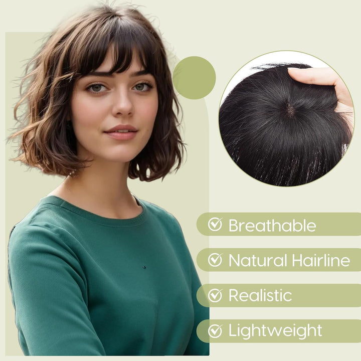 S-noilite Topper für Frauen Echthaar mit Pony 150% Dichte Toupet Haarteil Echthaar Damen Haarverdich
