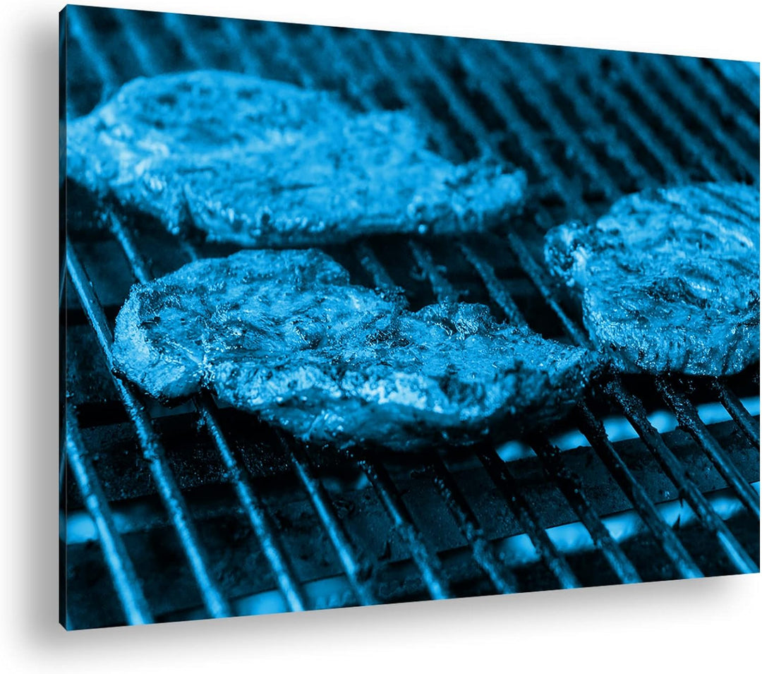 appetitliche Steaks auf dem Grill Format 80x60 Effekt: Monocrome Blau als Leinwandbild, Motiv fertig