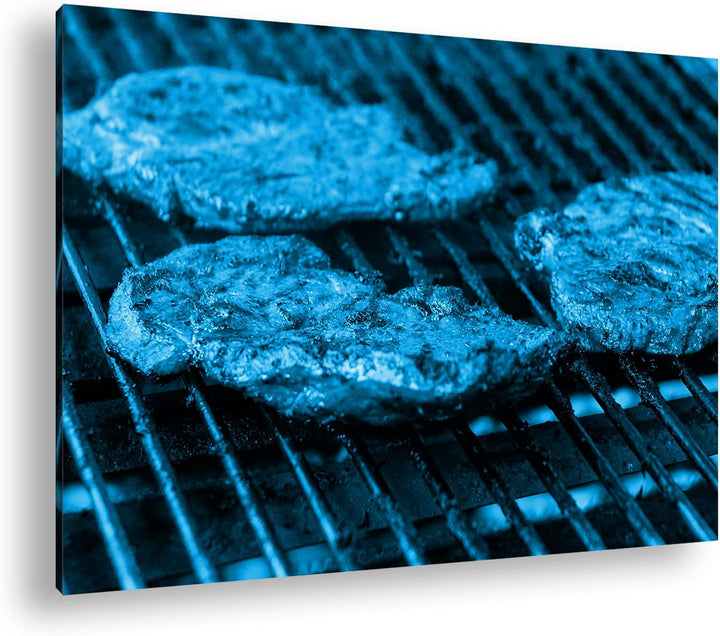 appetitliche Steaks auf dem Grill Format 100x70 Effekt: Monocrome Blau als Leinwandbild, Motiv ferti