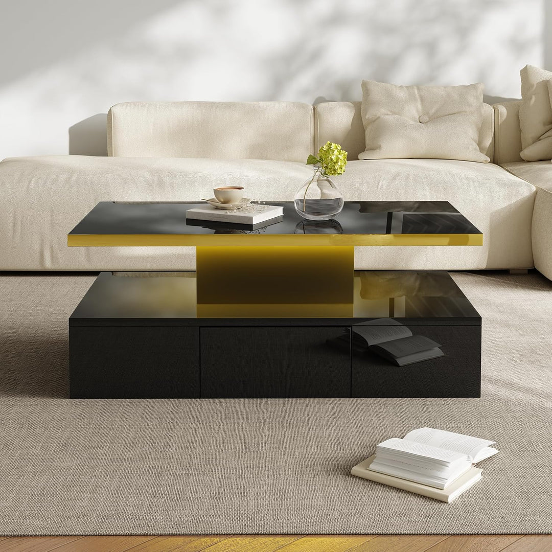 Merax LED Couchtisch Wohnzimmertisch mit Schubladen Hochglanz, Modern Beistelltisch Kaffeetisch mit