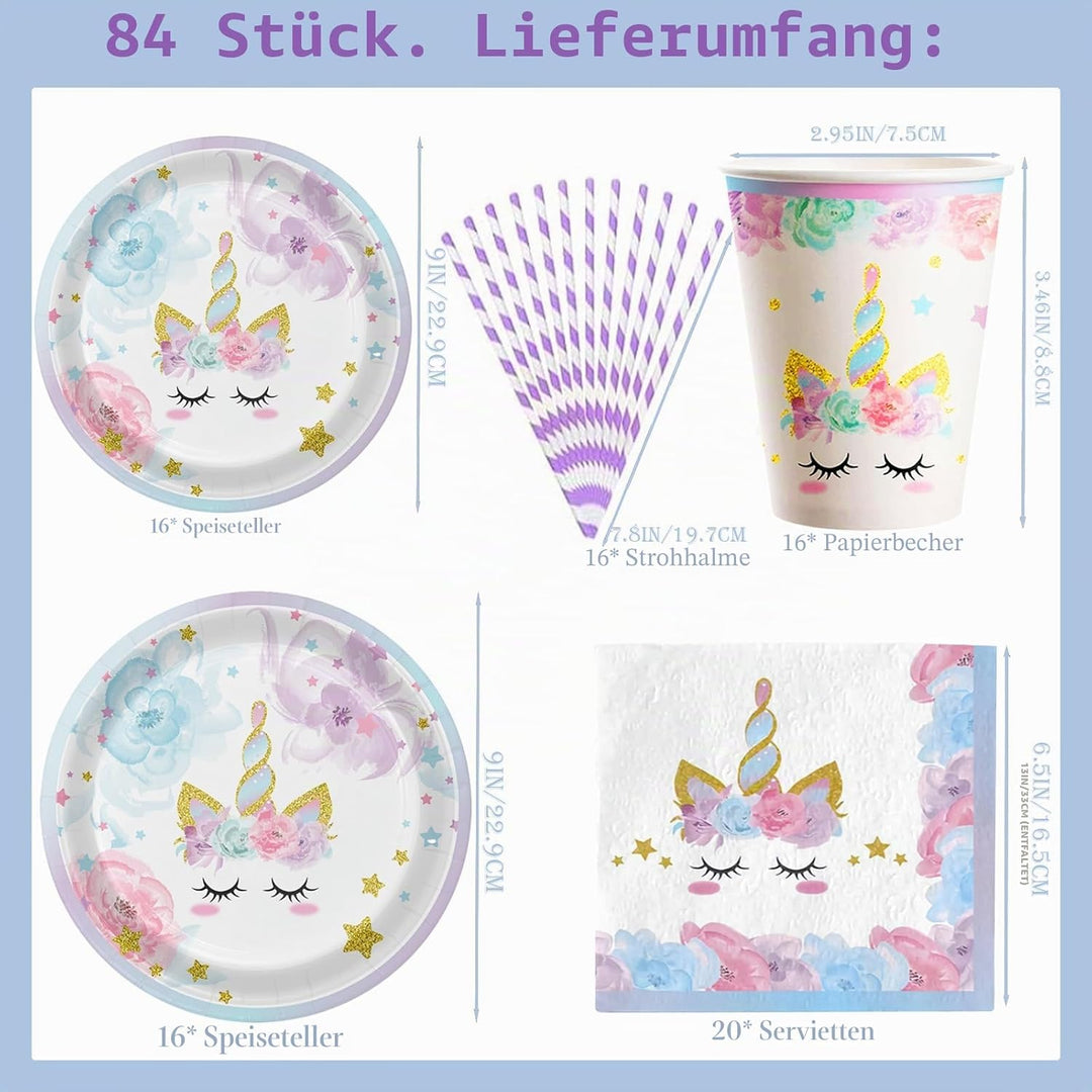 84 Stück Einhorn Partygeschirr Set Kindergeburtstag, Lila Prinzessinnen Geburtstag Deko Geschirr mit
