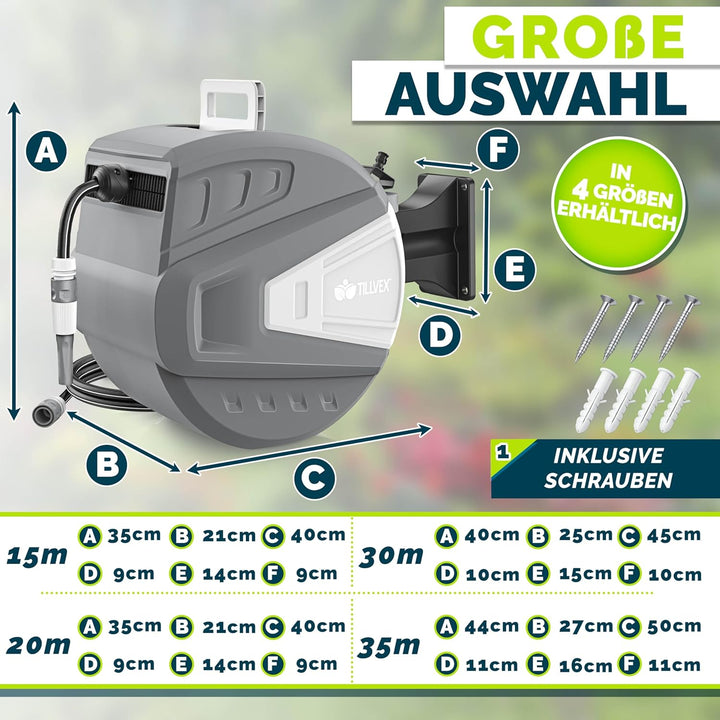 tillvex Schlauchtrommel Wasser mit Wandhalterung + Tragegriff | Schlauchaufroller mit Handbrause und
