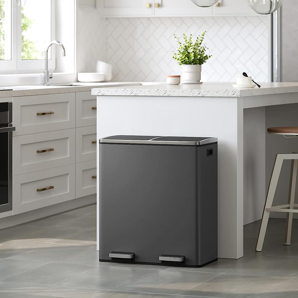 Panana Mülleimer, 60 l (2 x 30 Liter), Mülltrennsystem für die Küche, Treteimer aus Metall mit sanft