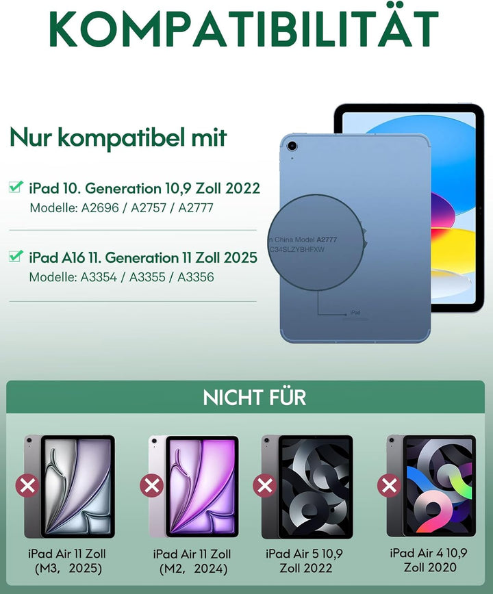 CHESONA Hülle mit Tastatur für iPad 10 Generation/11 Generation A16 2025, 7 Farben Beleuchtung, Mult
